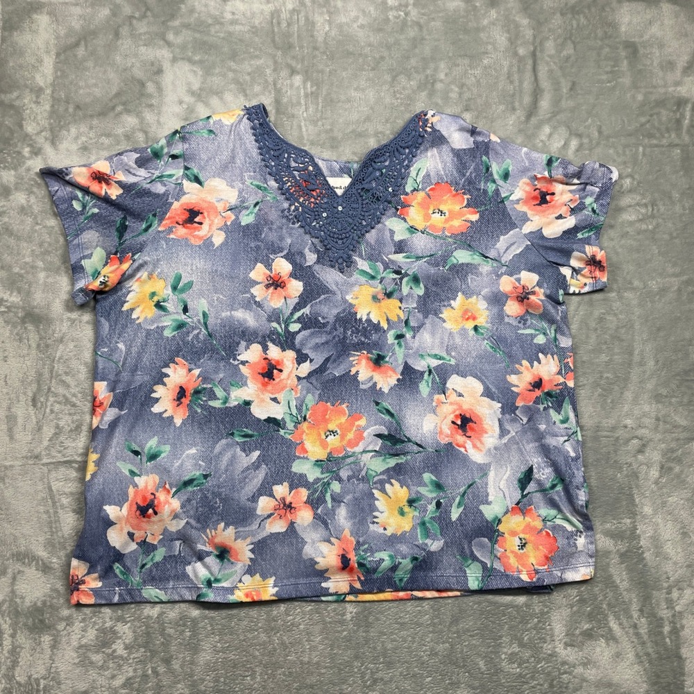 Alfred Dunner Floral Top Women XL Blue Orange Crochet Lace V-Neck Short Sleeve